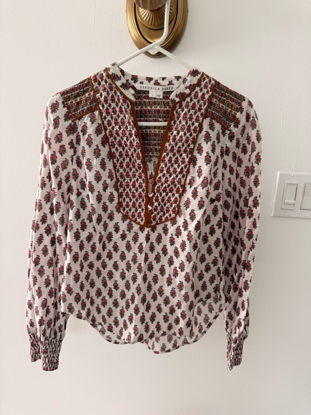 Veronica Beard Cream Blouse with Red Floral Embroidery